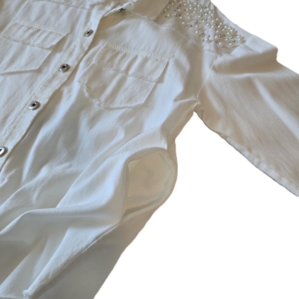 NWT Willow & Clay White Pearl Ebellished Denim Shirt Shacket LS Size Small - Picture 13 of 16